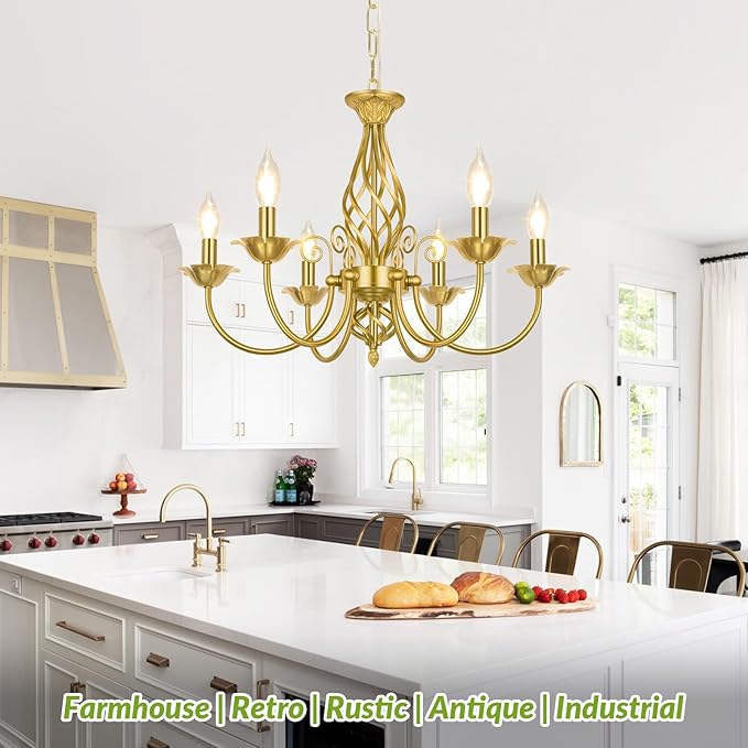 6-Light Farmhouse Candle Chandelier for Living Room, Rustic Industrial Pendant Ceiling Light fixture, Vintage Ceiling Hanging Lamp for Bedroom Hallway Kitchen Dining Room Foyer, Luxury Gold E12 Socket