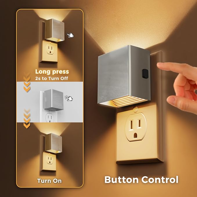 L LOHAS LED Night Light,Night Lights Plug into Wall,[2-Pack] | Dimmable Night Light with Light Sensor,3000K Warm White,Silver Nightlight for Bathroom Hallway Kitchen