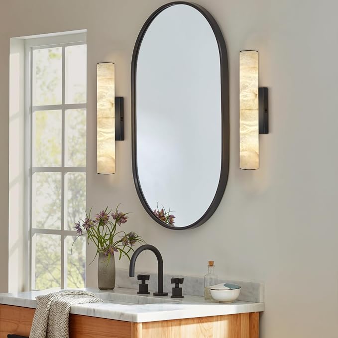 20" Natural Alabaster Wall Sconce, Modern Black Marble Wall Light Dimmable | Spanish Alabaster, Vanity Light, 3000K Warm White Light, Tube, Hardwired, Stone, for Bathroom/Bedroom/Living Room, 1PC