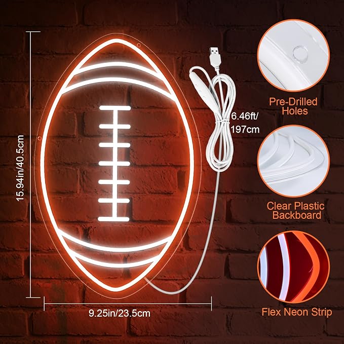 Football Neon Sign, Dimmable 16 x 10 In Football LED Sign with USB Power and ON/OFF Switch, Football Wall Decor for Boys Room, Teen Bedroom, Man Cave, Game Room, Football Gifts for Kids and Fans