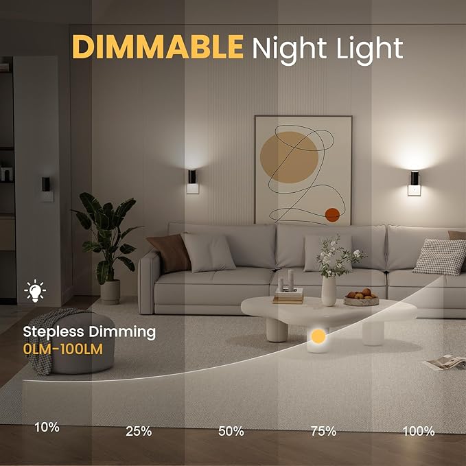 VOLISUN Night Lights Plug into Wall, Dimmable LED Nightlight with Dusk to Dawn Light Sensor, 0-100LM Adjustable Brightness, 3 Color Temperatures, Compact Size Black 8 Pack for Hallway,Bedroom,Bathroom