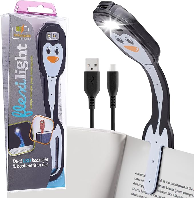 Gifts for Readers & Writers Rechargeable Book Light, Clip On Reading Light for Bed, 2in1 Flexilight & Bookmark, 12 Hours of Light Once Charged, Includes USB Cable & 2 LED Lights, Penguin