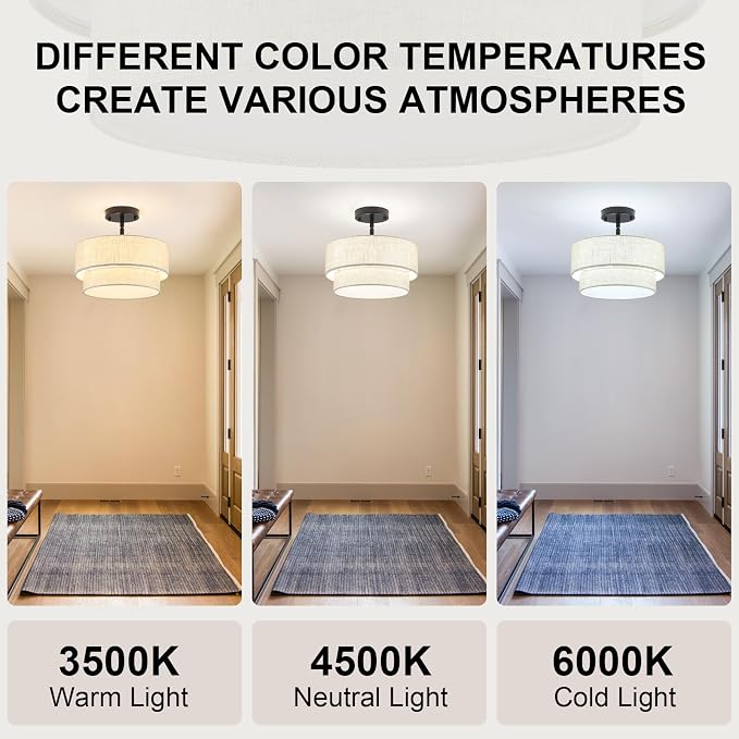 3-Light Semi Flush Mount Ceiling Light, 12.6 Inch Drum Black Chandelier Fabric Metal Kitchen Light Fixture, Dimmable Dining Room Light Fixture E26 Base Chandeliers for Living Room Bedroom