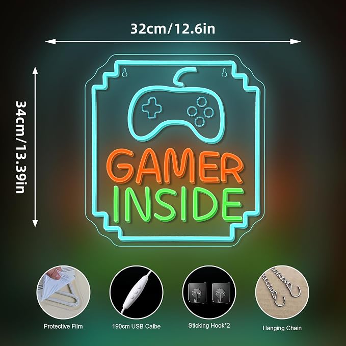 Gamer Inside Neon Sign Game Controller LED Sign for Gaming Room Decor Best Gamer Gifts for Boys Kids Game Neon Sign for Teen Boy Room Decor