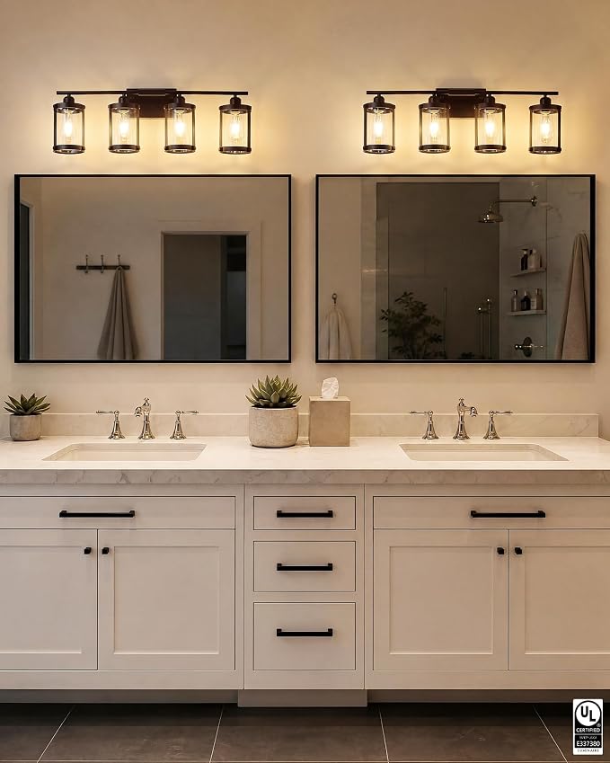 4-Light Oil Rubbed Bronze Bathroom Light Fixtures Over Mirror with Clear Glass and Metal Cage Shade, 29" UL-Listed Modern Farmhouse Wall Sconce for Bath, Hardwire E26, OS-3014ORB-4W