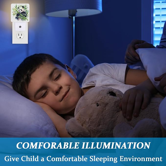 Watercolor Panda Bamboo Night Light, Plug-into Wall Cute Animal Asian Bear Nightlight Lamp with Dusk to Dawn Sensor, Led Lamp 0.5W Energy Efficient for Boys Girls Adults Home Decor