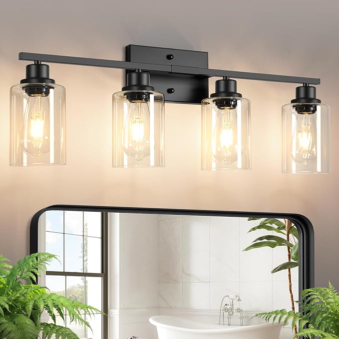 Ascher Bathroom Light Fixtures, 4-Light Vanity Light Over Mirror, Matte Black Wall Sconces with Clear Glass Shades, Wall Lamp for Living Room Bedroom, E26 Base(Bulbs Not Included)