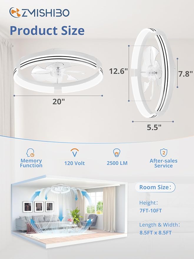 ZMISHIBO Low Profile Ceiling Fans with Lights and Remote, 20 “ White | 3000K-6000K Dimmable Fandelier LED, Flush Mount, 6 Wind Speeds, Reversible, Timer, Bedroom, Living Room, Kitchen, Kids Room