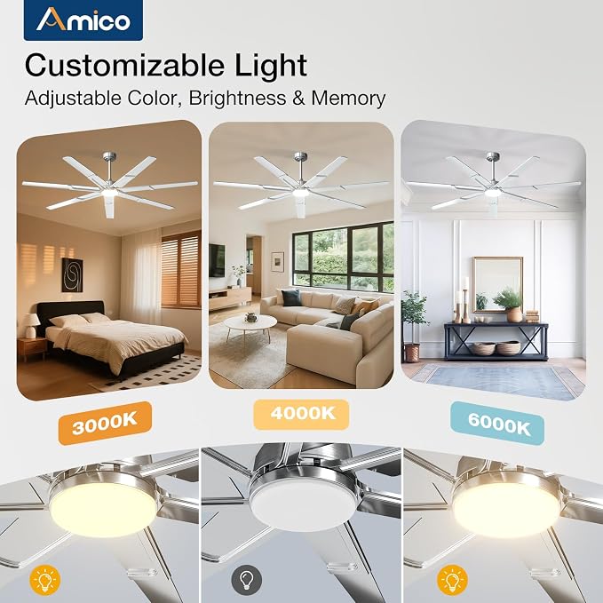 Amico 66 Inch Ceiling Fans with Lights and Remote, Nickel | 6 Speed Reversible DC Motor, 3CCT, Dimmable, Quiet, Timer, Large Modern Ceiling Fan for Living room, Indoor/Outdoor