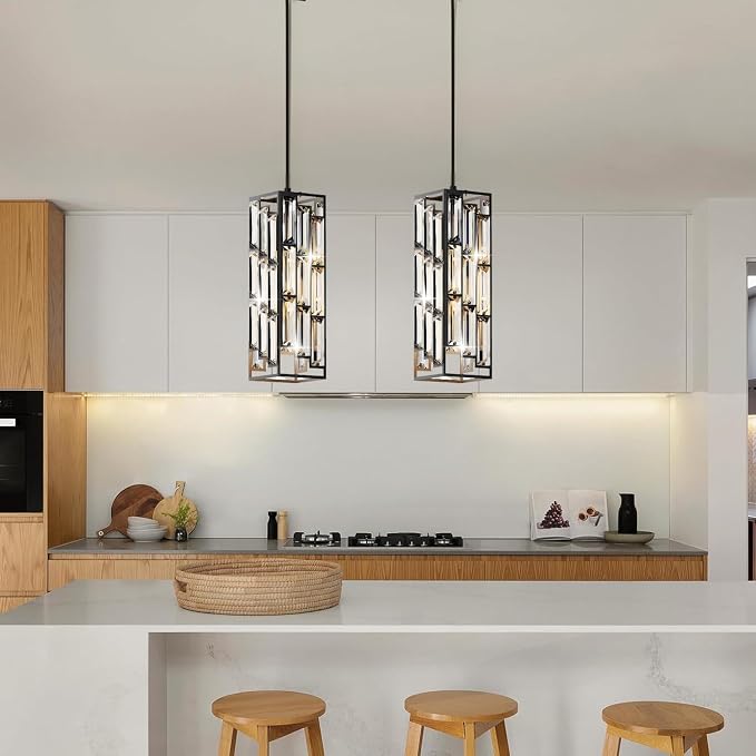 Black Pendant Lights, Modern Pendant Light Kitchen Island, 2 Pack Mini Crystal Chandeliers for Dining Room Bedroom Foyer Hallway