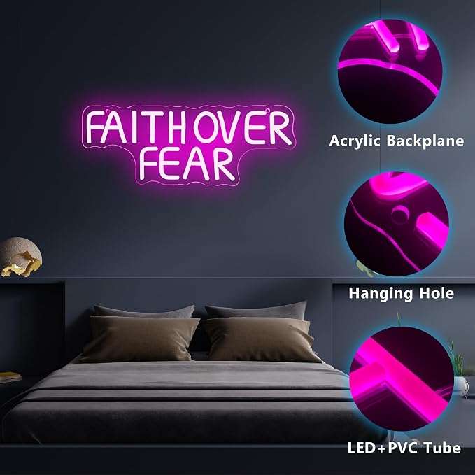 Faith Over Fear Neon Sign for Wall Decor, Dimmable Bible Verse LED Decor God Wall Art, USB Powered for Bedroom, Living Room, Office, Aesthetic Jesus Lover Gifts