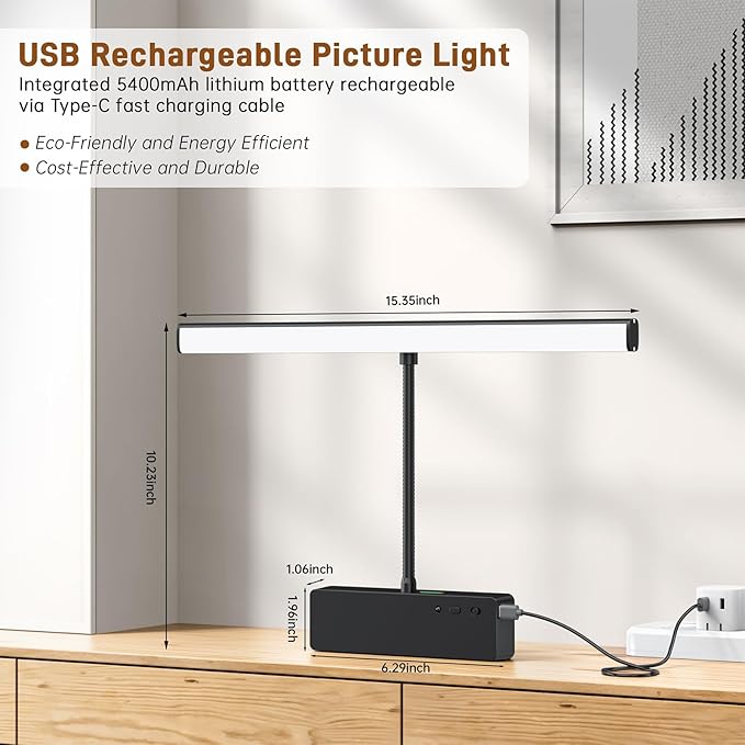Picture Light, 15.35inch Picture Lights for Wall Rechargeable, Battery Lights for Pictures on Wall, 3 Color Art Lighting for Paintings with Timer and Dimmable Artwork Display (Black-2PCS)