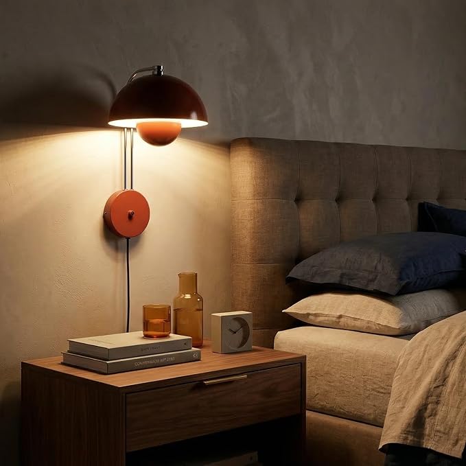 COSYLUX Mid-Century Modern Bud Plug in Wall Sconces, Rust Red | Indirect lighting reading wall lamp, all-metal construction, plug-in or hardwired install, fits bedroom bedside, living room