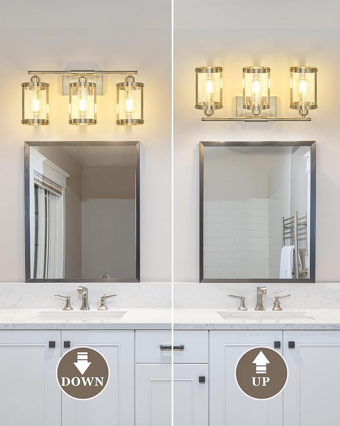 3-Light Brushed Nickel Bathroom Light Fixtures, 21 Inch Modern Bathroom Vanity Lighting Fixtures Over Mirror with Clear Glass and Metal Cage Wall Sconce Lights for Bath, E26, OS-3014BN-3W
