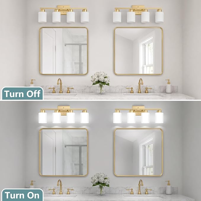 Gold Bathroom Light Fixtures Vanity Lighting Over Mirror | 4-Light Modern Wall Sconces with Milky White Frosted Glass Shades for Restroom (E26 Socket)