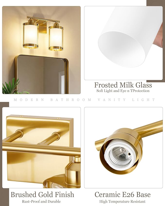 2-Light Brushed Gold Bathroom Light Fixtures with Milk White Frosted Glass, 13.2" UL-Listed Modern Wall Sconce Over Mirror with Metal Cage for Bath, Hardwire E26, OS-3014BGW-2W