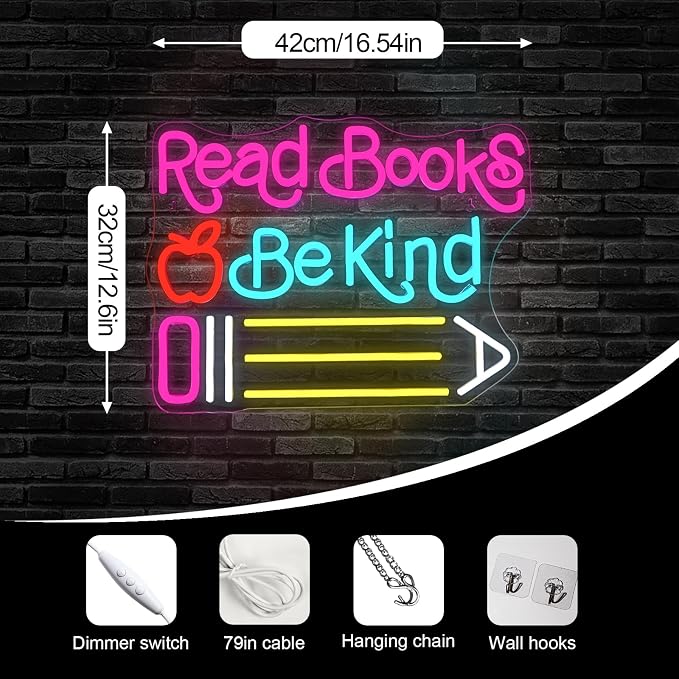Read Books Be Kind Neon Sign Adjustable Brightness Student LED Neon Light Light Up Colorful Neon Sign Suitable for Classroom Study Room Library Bookstore