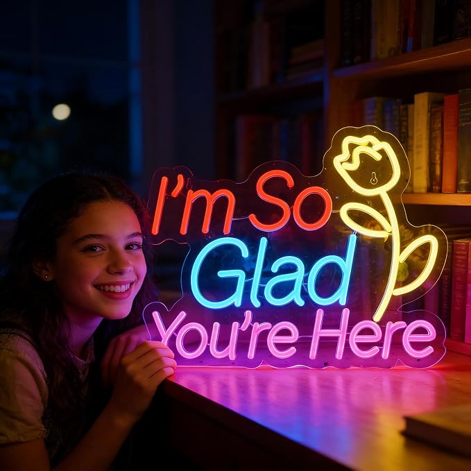 "I'm So Glad You're Here" Neon Sign - Welcome Decor with Rose | 15.7"x12.2" Multicolor LED Sign for Wall Decor, 6.5ft USB Powered & Dimmable, Hanging Chain Included