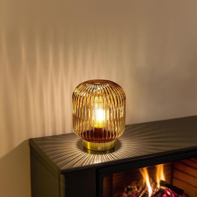 MJ PREMIER Rechargeable Table Lamp, Yellow Glass Lamp with Memory Function, Small Cordless LED Lamp with Dimmable Brightness, Decorative Touch Lamps for Bedroom Living Room (Yellow)