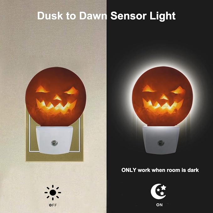 EKOBLA Spooky Pumpkin Face Plug-in Nightlights Halloween Horror Scary Pumpkin Jack Night Lights Plug into Wall Dusk to Dawn Sensor LED for Men Women Boys Girls
