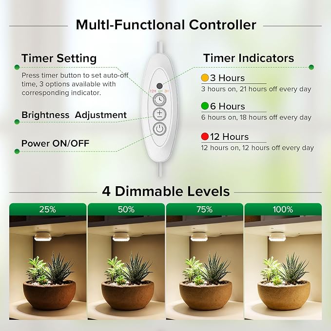 7W Small Grow Light for Indoor Plants with Timer and Dimming | Timer supports 3-, 6-, or 12-hour cycles,full-spectrum light for indoor plant use.