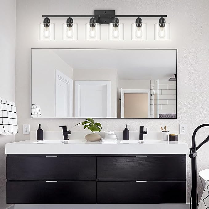 Black 6-Light Bath Vanity Lights for Mirror, Restroom Lights Fixtures with with Clear Glass Shades,Bathroom Over Sink Light Fixtures, Bathroom Light Fixtures Over Mirror