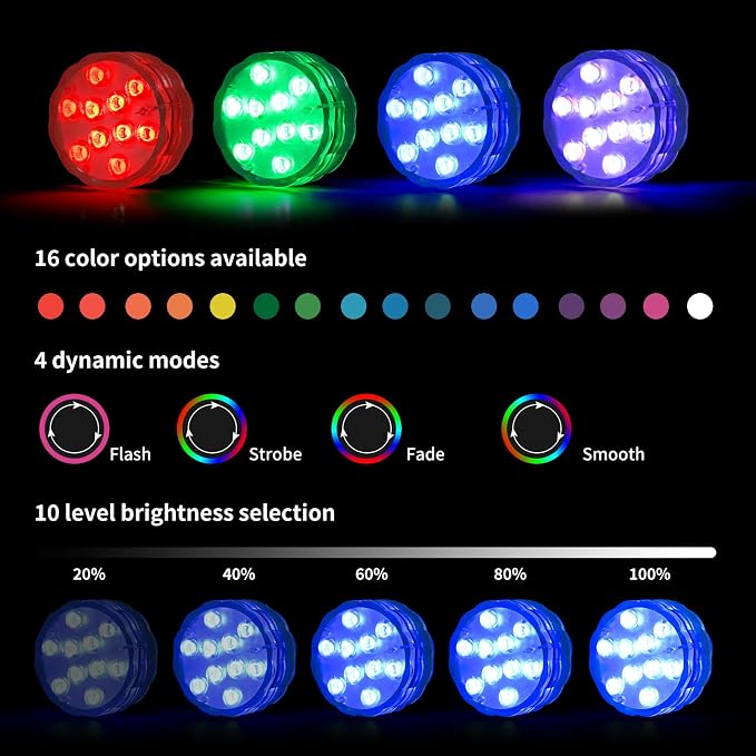 Submersible Lights - 4-Pack Battery-Powered Waterproof IP68 LED Lights with Remote Control for Pools, Ponds, Hot Tubs, Aquariums, Yacht, Boat, Parties & Decorations