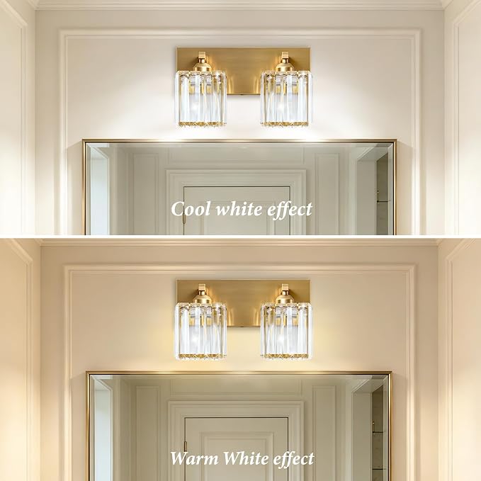 Gold Crystal Bathroom Vanity Light, 2-Light Modern Bathroom Lighting Fixtures Over Mirror,Chrome Wall Sconce Light Fixtures with Square Shade