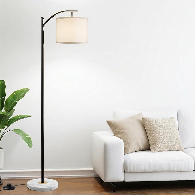 Floor Lamp for Living Room with Marble Base, Modern Standing Lamp with 3 Color Temperatures Bulb & Adjustable Linen Shade, Tall Lamp for Bedroom Office Reading Nursery