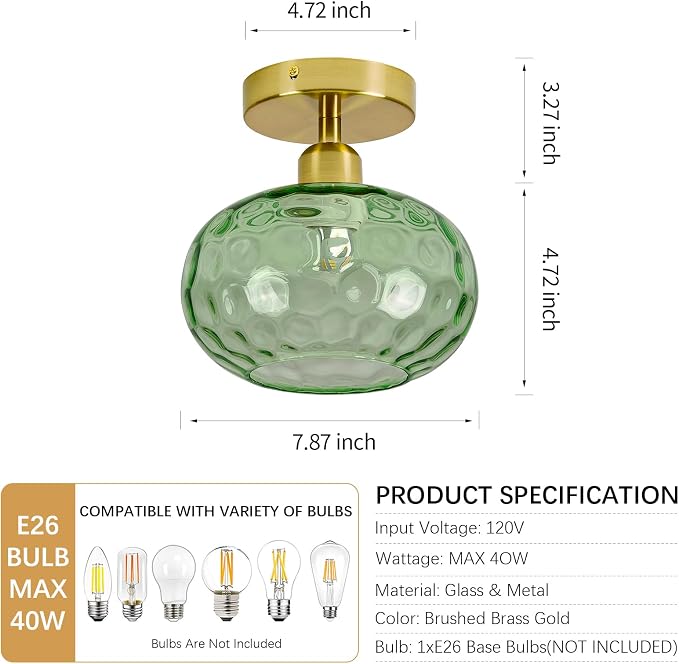 7.9″ Vintage Small Green Semi Flush Mount Hallway Ceiling Light ,2 Pack | Art Deco Hammered Glass,Whimsical,MCM,Gold Mid Century Light Fixtures for Closet Cottage Entryway Laundry Room Foyer
