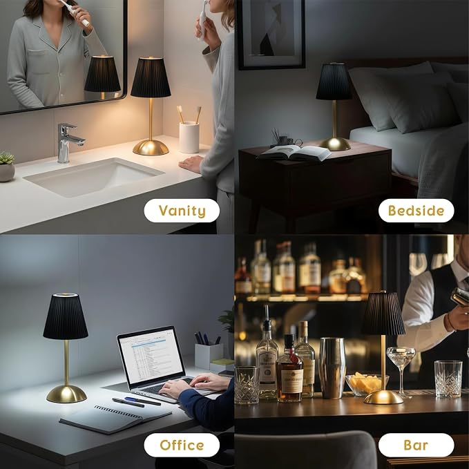 2-Pack Cordless Table Lamps Rechargeable, Battery Mini LED Lamps | Small Wireless Lamps for Tables, Restaurant Table Lamps Dimmable, Black Pleated Touch Lamp with USB for Bedside, Outdoor Use