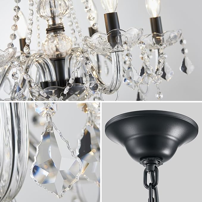 Crystal Chandelier Light Fixture, Modern K9 Crystal Chandeliers for Dining Room, 6-Lights Black Ceiling Light, Adjustable Hanging Pendant Light Fixture for Living Room Entryway Kitchen Island Hallway