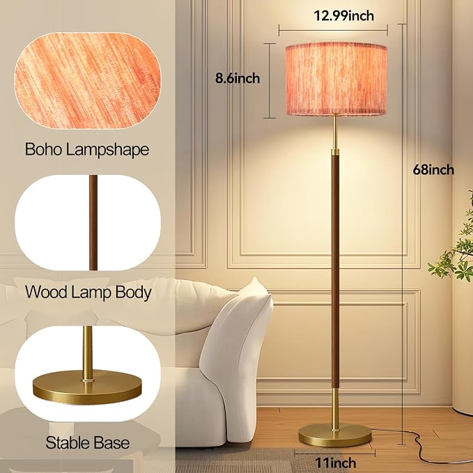Wood Floor Lamp with 3 Color Temperatures,Vintage Floor Lamp with Remote Control,Dimmable Farmhouse Floor Lamp Mid Century Modern Standing Lamp Farmhouse Tall Pole Lamp for Living Room Bedroom