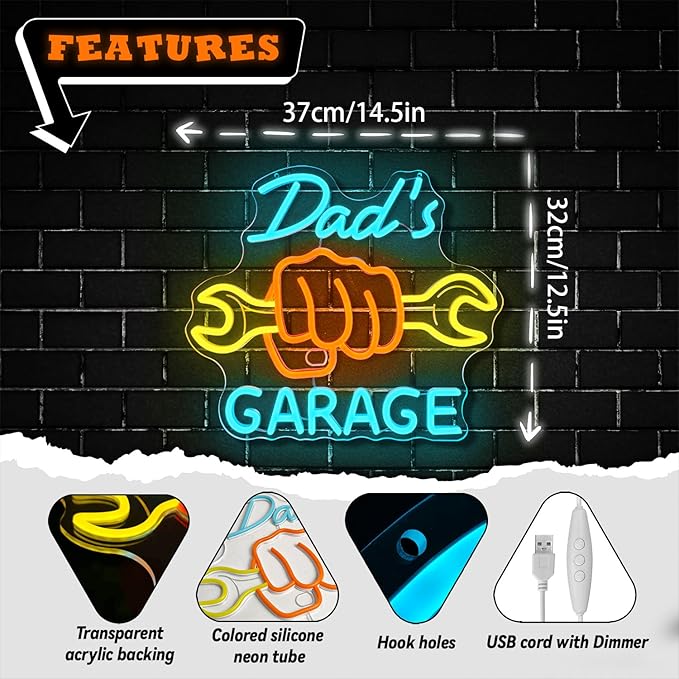 Dad’s Garage Neon Sign, LED Garage Neon Light for Men, Father’s Day Gift for Dad,Dimmable Garage Neon Light for Auto Repair Shop Man Cave Workshop Decor