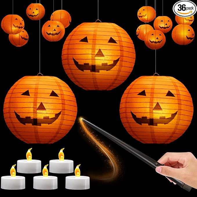 12pcs 10in Floating Jack-O-Lanterns | with Wand Remote and 24pcs LED Tea Lights for Decor