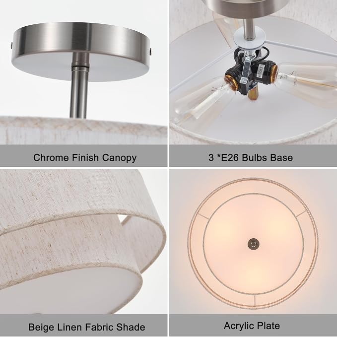 18" Chrome Semi Flush Mount Ceiling Light, 3-Light Drum Fixture | Widluth 18" Chrome Semi Flush Mount Ceiling Light, 3-Light Drum Fixture