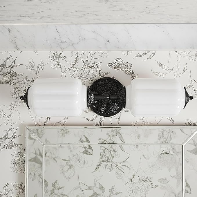 Vintage Milk Glass Bathroom Vanity Light - 2-Light Wall Sconce with Brass Finish Base & Green Glass Shade - Wall Sconce Lighting for Mirror, Kitchen, Living Room, Gallery (Bulbs Included) (white)