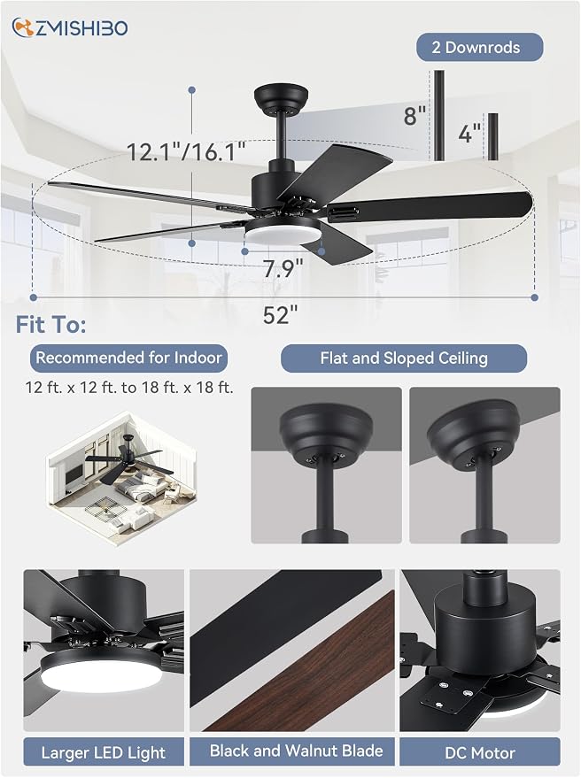 ZMISHIBO 2 Pack 52" Ceiling Fan with Light and Remote, Black Modern Indoor | 24W 2400LM Bright LED, 3CCT, Dimmable, App Control, Farmhouse Dual Finish Blades, Quiet&Strong Motor for Bedroom, Living Room