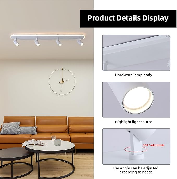 Jaycomey Modern LED Ceiling Light with 4 Spotlights, Dimmable 58W Linear Ceiling Lamp Fixture with Remote, 43.3in Upgraded Flush Mount Ceiling Chandelier Lighting for Bedroom Closet Hallway (White)