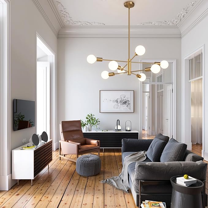 Modern Sputnik Chandeliers Light, 8-Light Gold Dining Room Chandelier Over Table, E26 Mid Century Ceiling Light Fixtures Height Adjustable Hanging Pendant Lighting for Entryway Foyer
