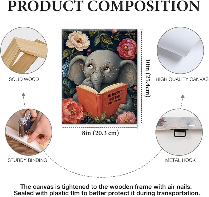 NSFBESSLIA Funny Reading Elephant Painting, Whimsical Vintage Animal Decor, The Elephant In The Room, Humorous Wall Art for Living Room Bedroom Entryway, 8x10 Inch
