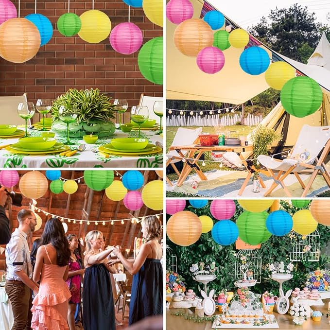 DazzLiteer 12pcs Colorful Paper Lanterns with LED Light, Decorations Round Hanging Paper Lantern Lamps for Birthday, Wedding, Party, Home Decorations (Size of 8”, 10”, 12”)