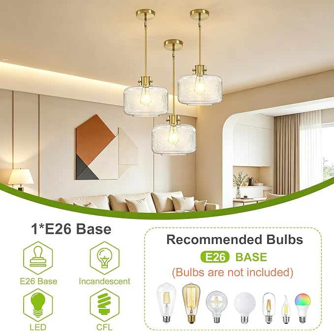 Gold Pendant Lights Kitchen Island with 9.84in Hammered Glass Shade 1Pack | Handcrafted Glass Pendant Light Fixtures, UL Certified, E26 Base 100W Max, Height-Adjustable, Dimmable Hanging Pendant Light