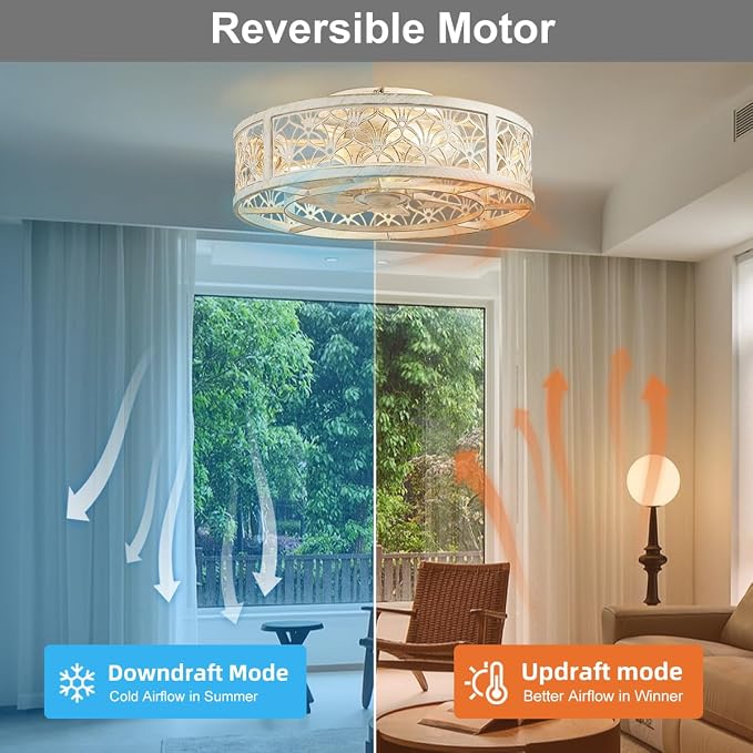 SHLUCE 18" Caged Ceiling Fan with Light, Small Flush Mount Fandelier Ceiling Fans with Lights and Remote, Rustic Low Profile Bladeless Ceiling Fan with Light for Bedroom, Kitchen, White Gold - ETL