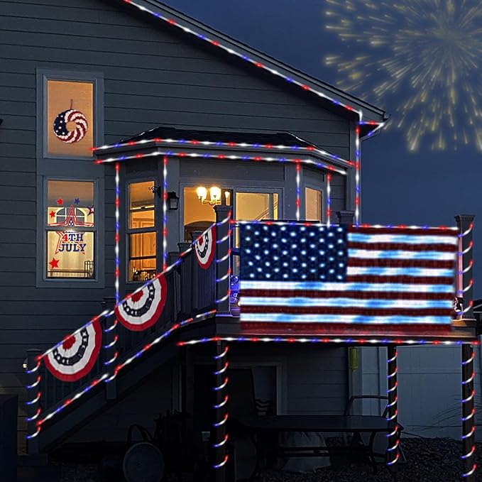 YEGUO 4th of July Decorations Red White and Blue Lights, 2 Packs Each 33ft 100 LED Solar Rope Light, 8 Modes Fairy Lights in Clear Thin Tube for Patriotic Independence Memorial Day Decor
