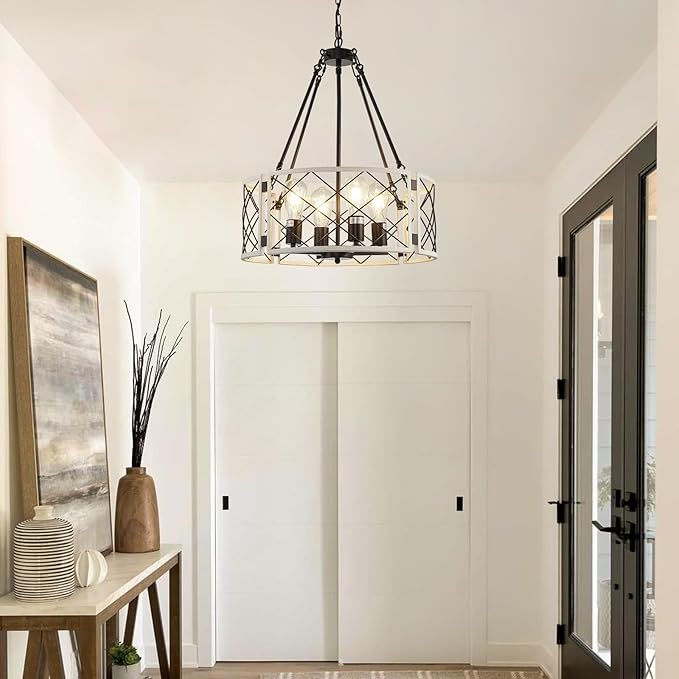 20'' Farmhouse Chandelier, 4-Light Black & Vintage White Dining Room Light Fixture Over Table, Rustic Industrial Drum Hanging Pendant Lights for Kitchen Island Living Room Bedroom Hallway Entryway
