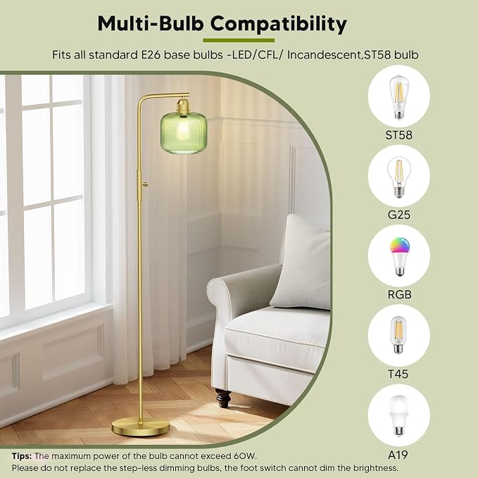 66" Dimmable Gold Standing Lamp with Green Ribbed Glass for Living Room | Vintage Floor Lamp with Brushed Gold, Stepless Rotary Switch and 3000K LED Bulb, Arc Floor Lamp for Bedroom & Study Room