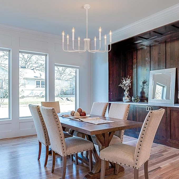 French Country Chandelier, 8-Light Farmhouse Chandelier for Dining Room, Antique White Chandelier Light Fixtures, Candle Hanging Pendant Lights for Kitchen Living Room Bedroom Foyer