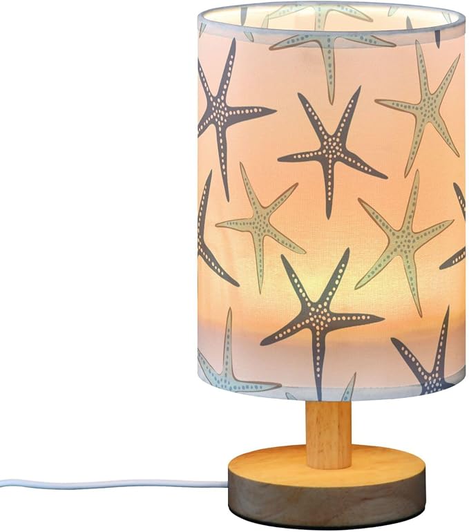 Table Lamp Nautical Starfish Pattern Nightstand Lamp with Wood Base Fabric Lamp Shade Bedside Desk Lamp for Living Room Bedroom Kids Room Office