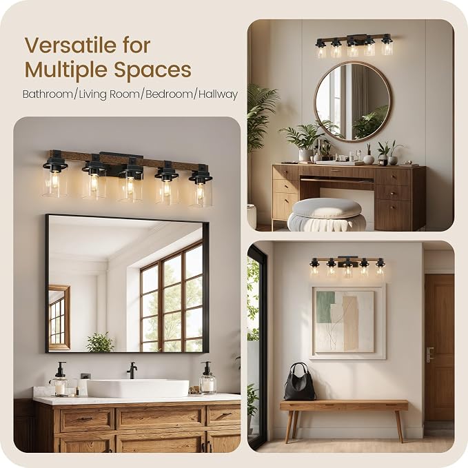 5-Light Bathroom Light Fixtures, Farmhouse Vanity Lights for Bathroom with Glass Square Shade, Rustic Vanity Lights, Sconce Wall Light, E26 Base (Bulbs Not Included), ETL Listed FS10BD05